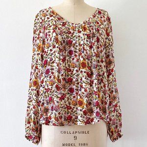 Jane and Delancey L floral long sleeve blouse button high low rayon red orange